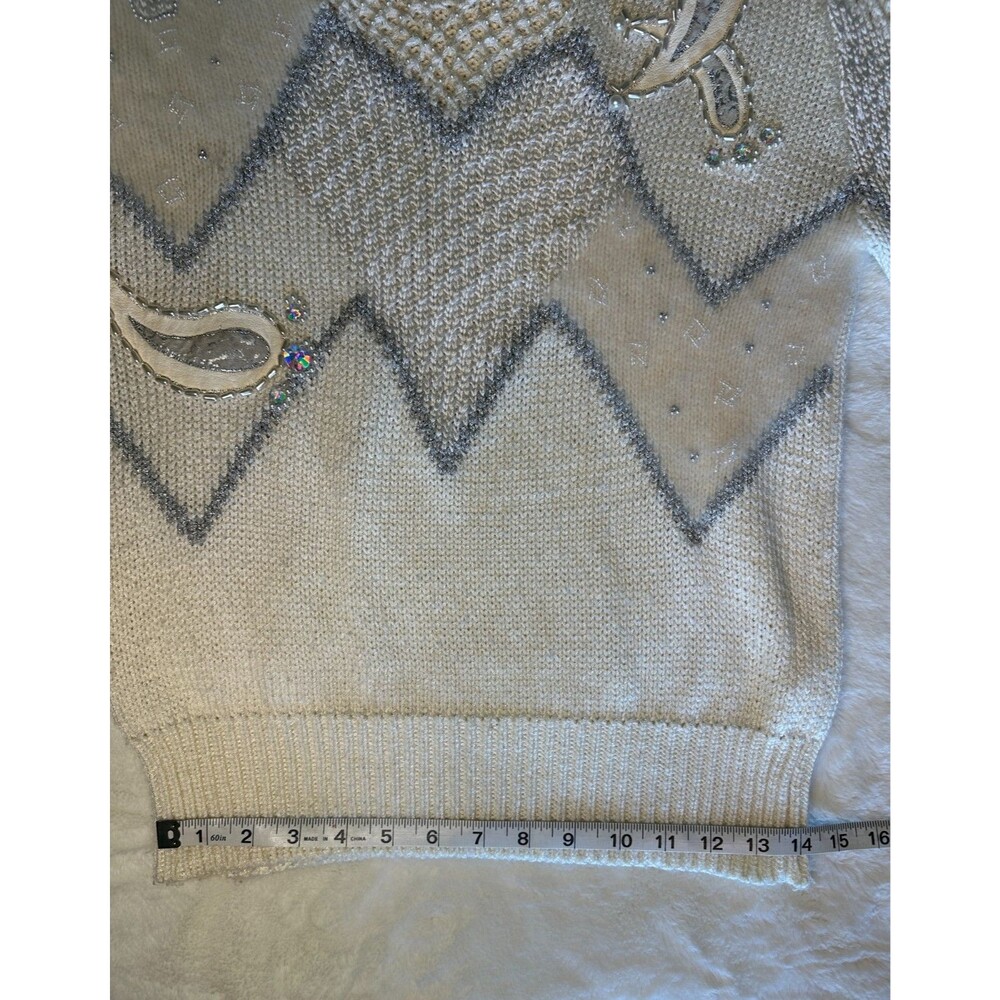VNTG 80s Christine Women's M Sweater Beaded Embellished Cream Grandmacore Glam - Picture 10 of 10